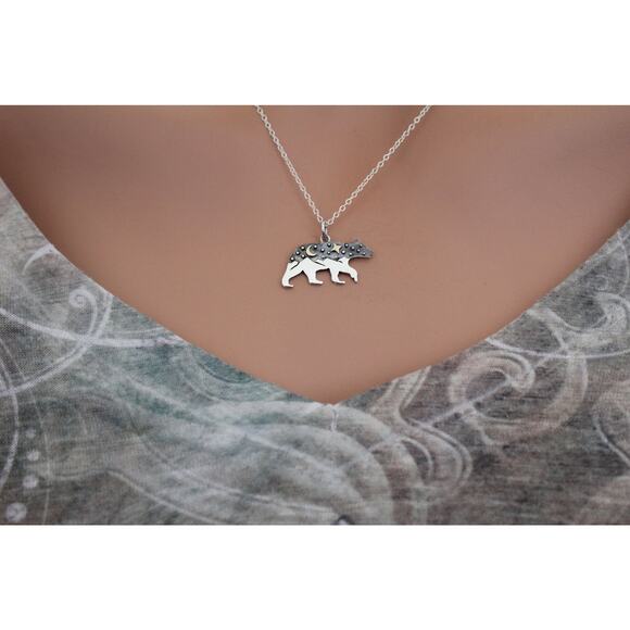 Sterling Silver Bear Charm with Mountains and Bronze Moon Necklace - Picture 3 of 4